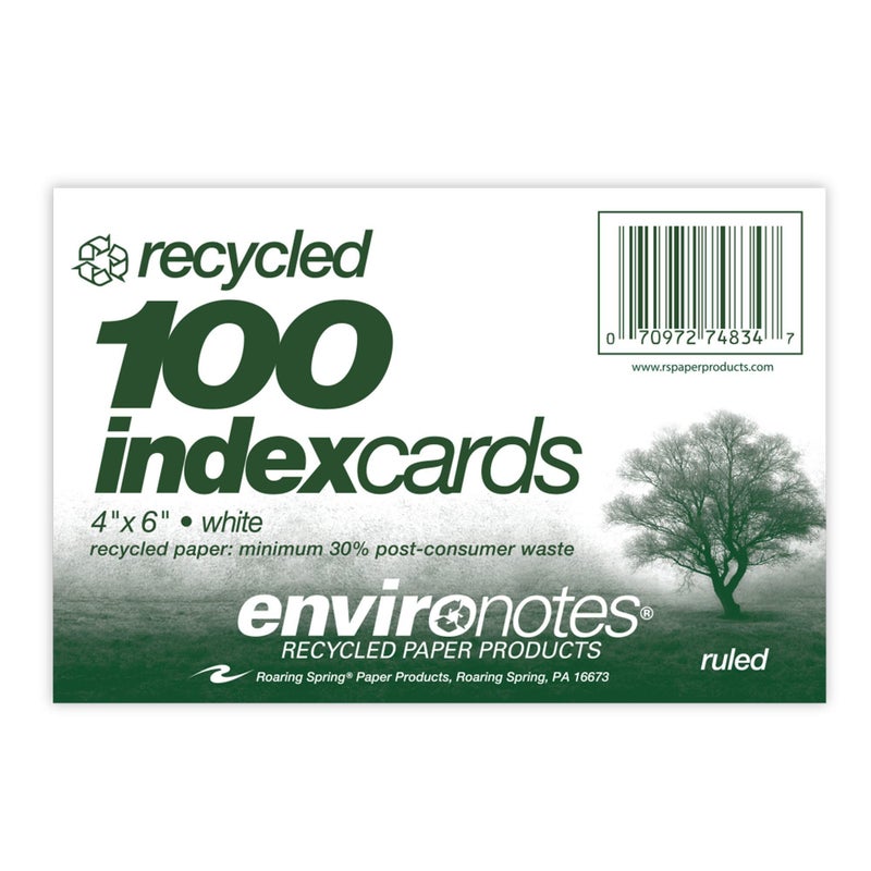 Roaring Spring Recycled Index Cards 4"x6", 100 Count, Smooth 100# White Recycled Index Paper, Ruled on Front, Blank on Back - Image 1